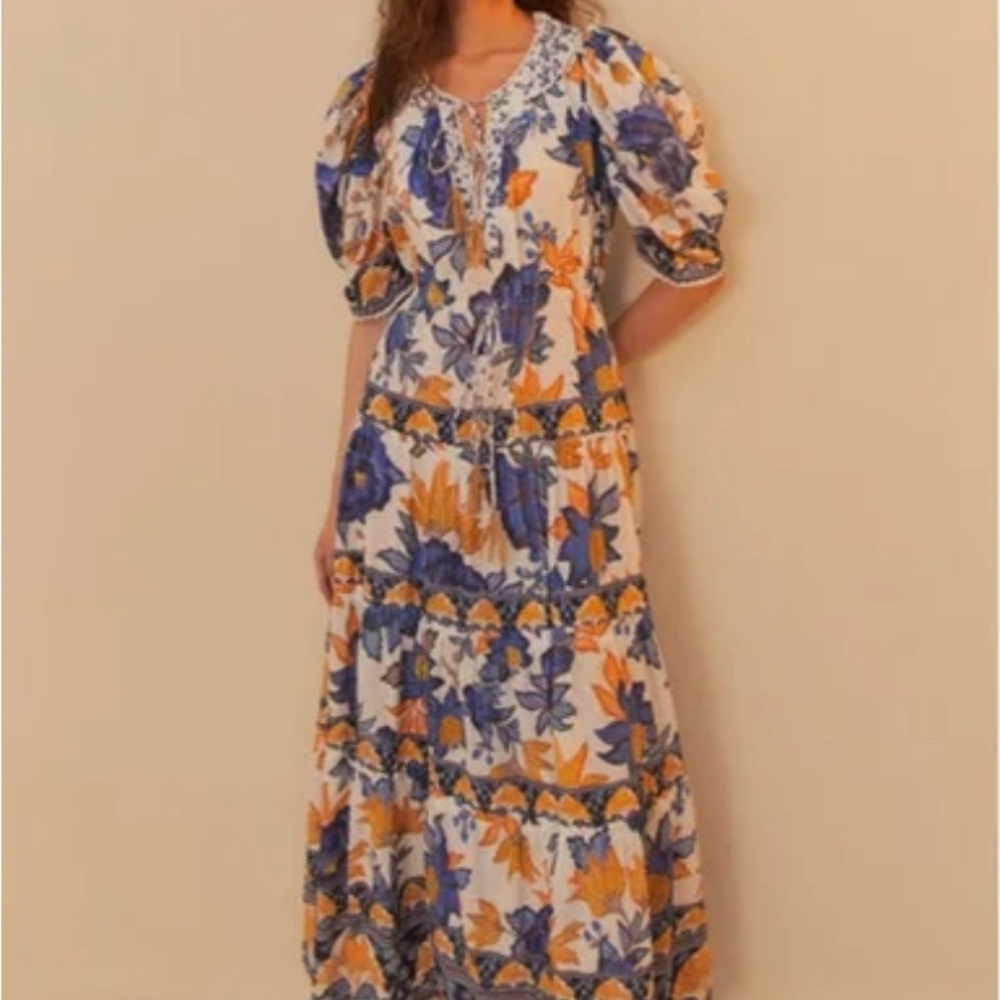 FARM Rio Blue & Mustard Floral Tiered Maxi Dress